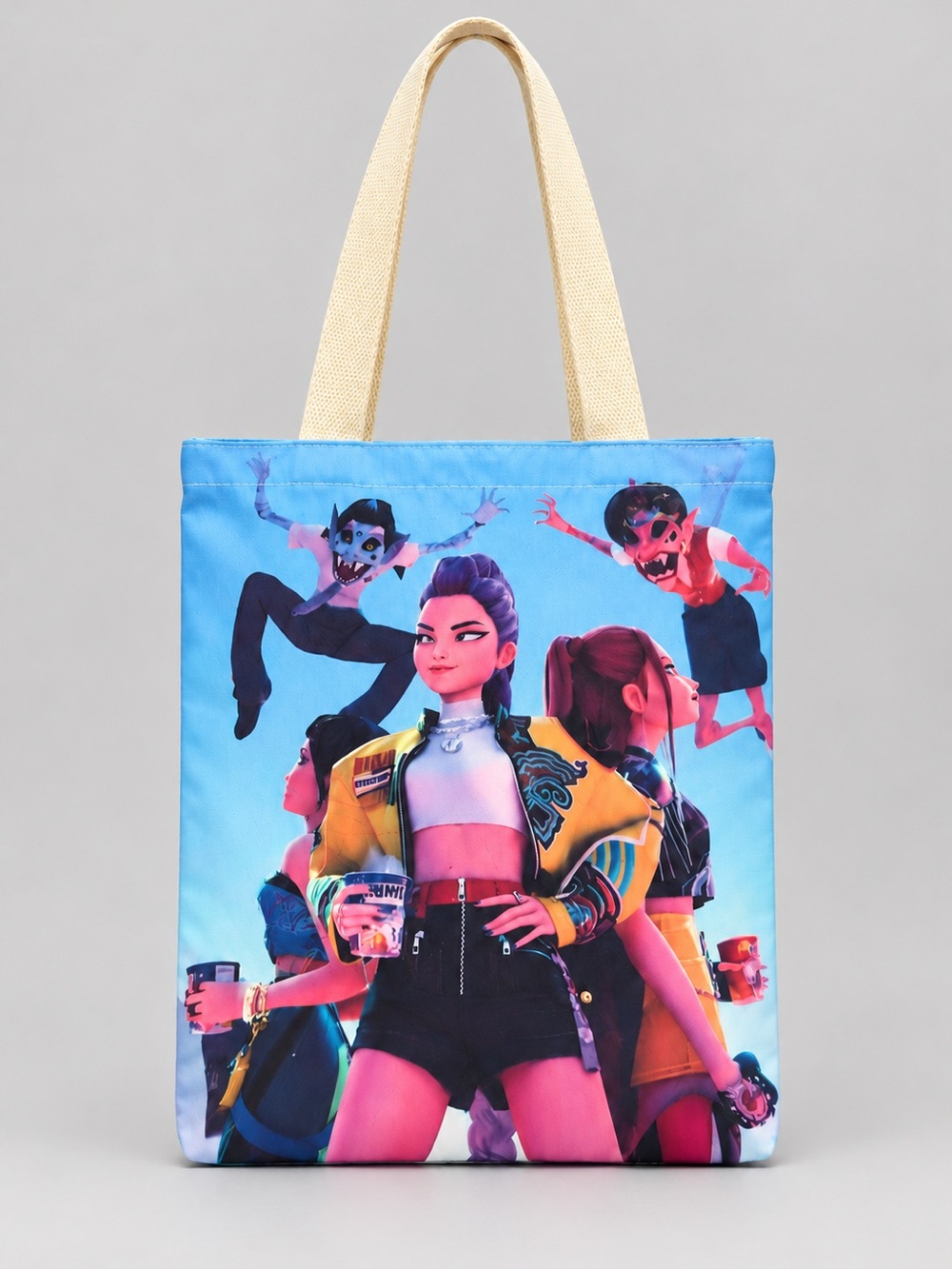 KPOP Demon Hunters Rumi Mira Zoey Blue Tote Bag – Cream Shoulder Straps
